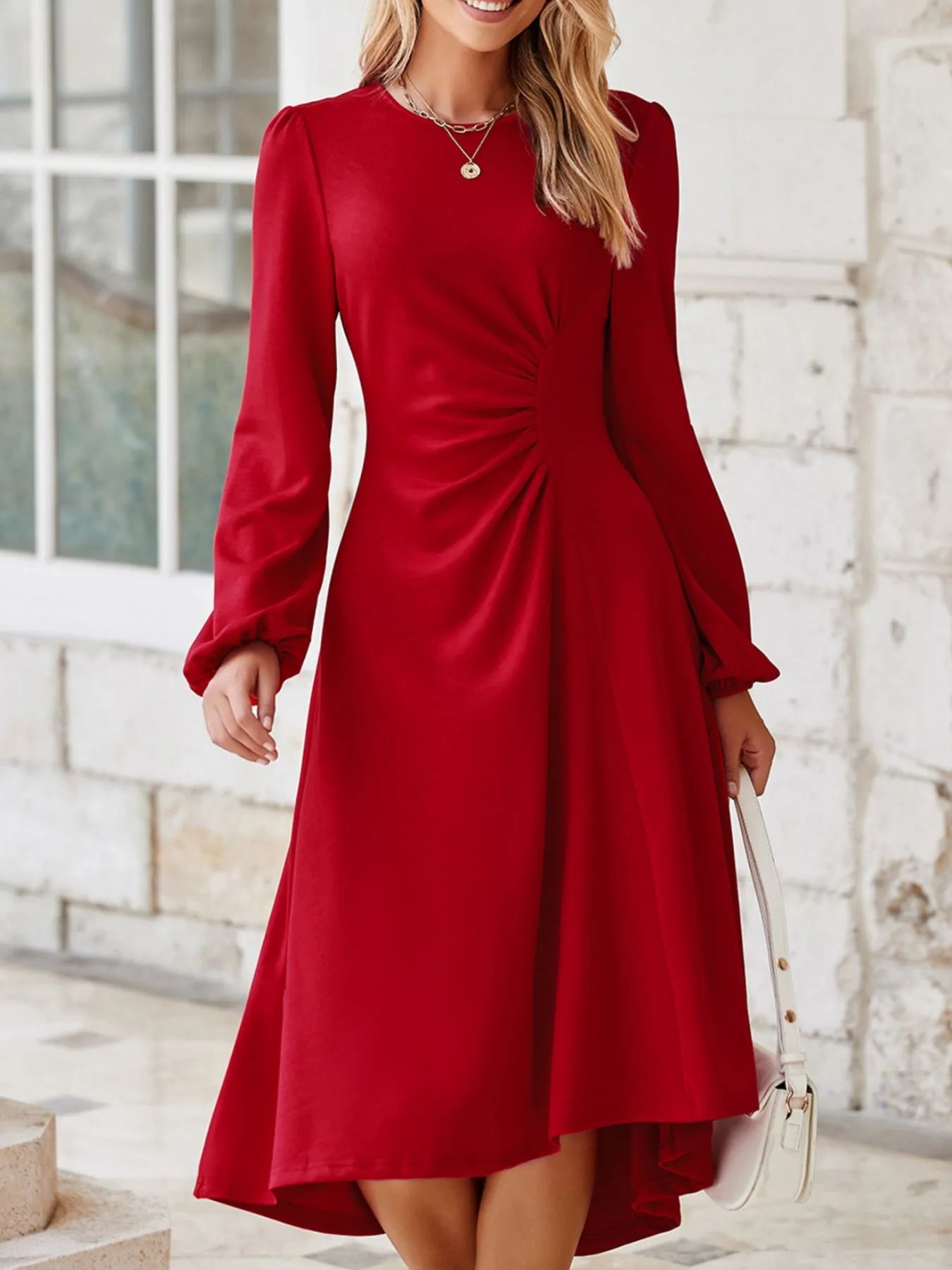 Solid Color Ruched Detail Long Sleeve Midi Dress US Zona Markeplace Solid Color Ruched Detail Long Sleeve Midi Dress US Zona Markeplace