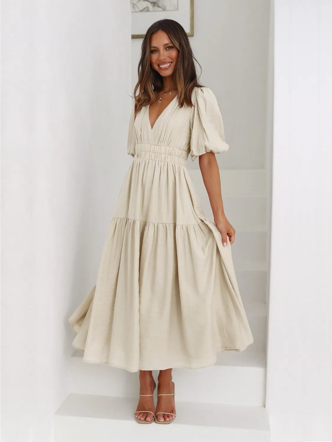 cream colored cap sleeve drop waist dress Cream Double Layer Slinky Cap Sleeve Drop Waist Maxi Dress