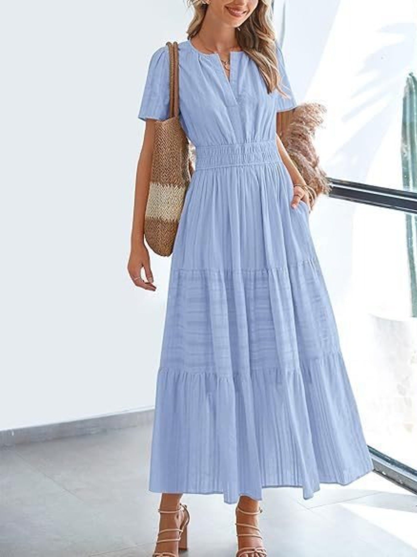 short sleeve tiered dress Notched Short Sleeve Tiered Dress – US Zona Markeplace
