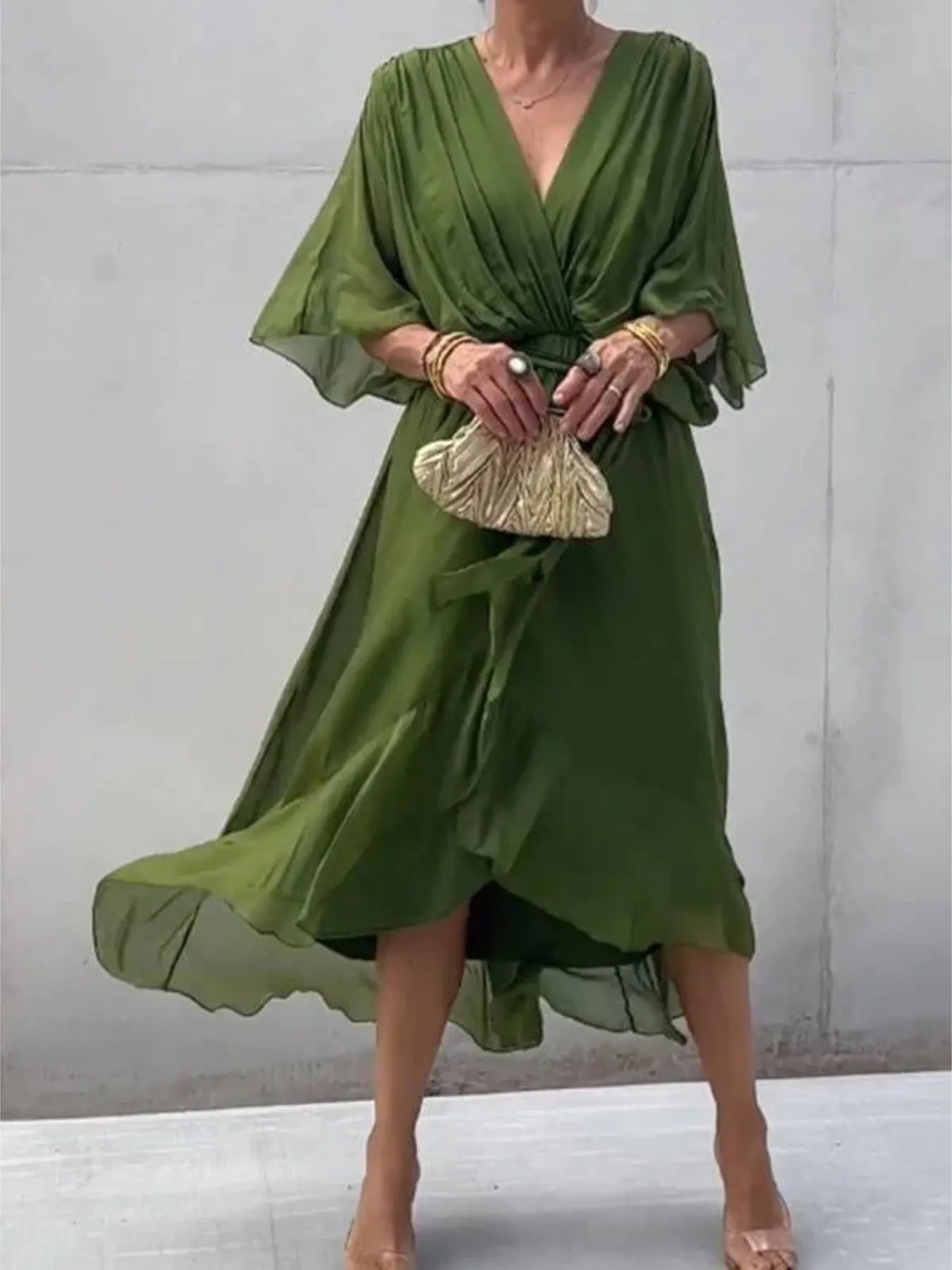 Full Size Flowy Tie Front Midi Dress with Flutter Sleeves Plus Size US Zona Markeplace Full Size Flowy Tie Front Midi Dress with Flutter Sleeves Plus Size US Zona Markeplace